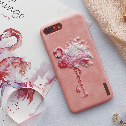 Phone case pink embroidery flamingo..