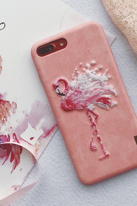 Phone case pink embroidery flamingos for girl cute awesome cool iphone 6,6s,6plus,6s plus,7,7plus cases covers accessories smartphone cases phone skins