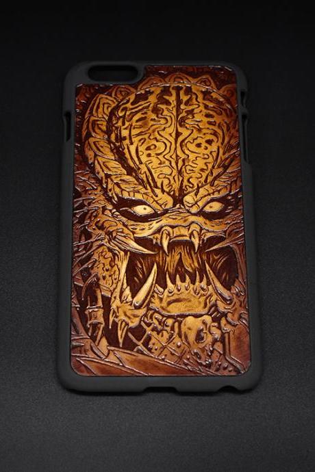  Handmade leather Predator carved leather plastic phone case iphone custom phone case
